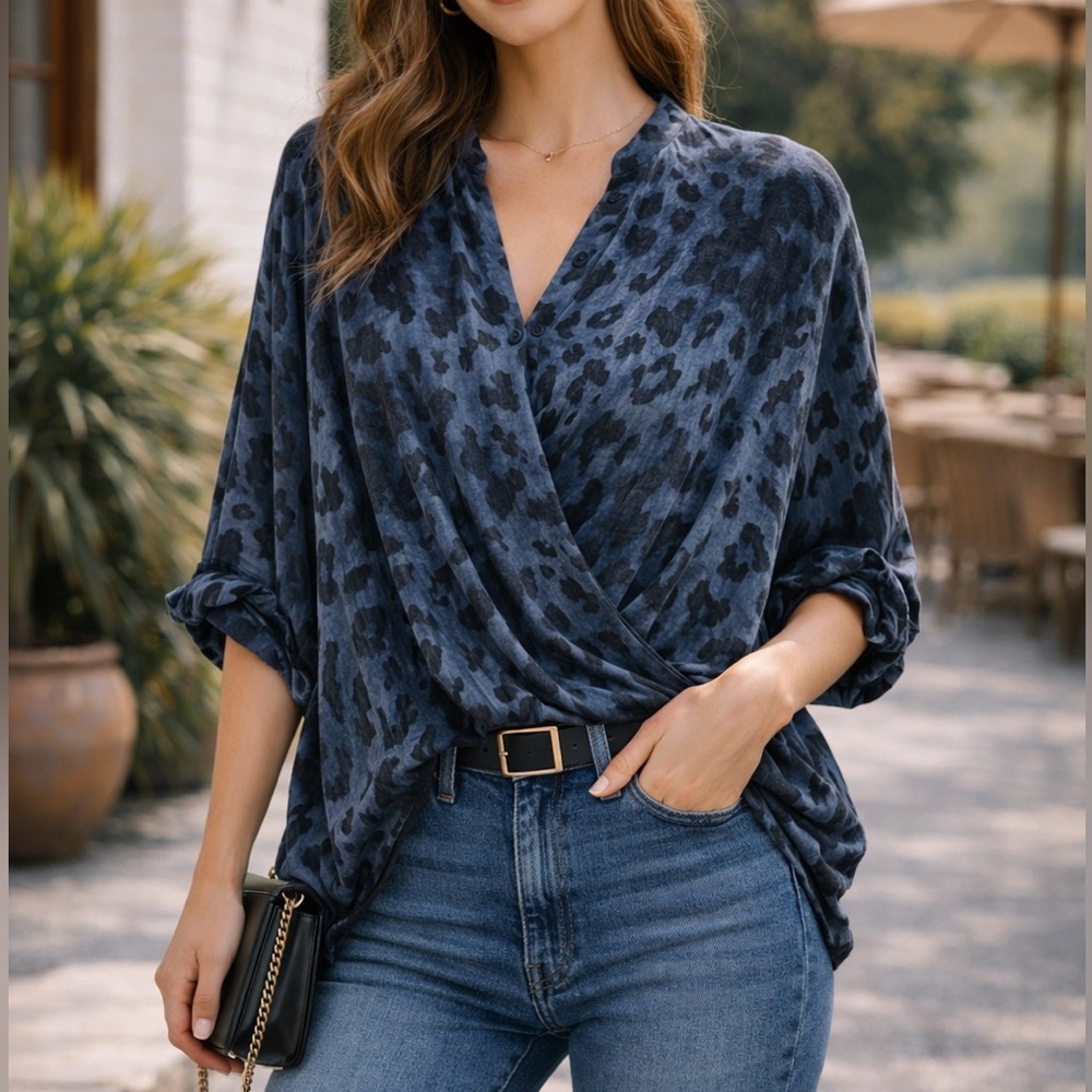Babaton Blue Black Leopard Print Draped Wrap Blouse Oversized XS Fits M/L
